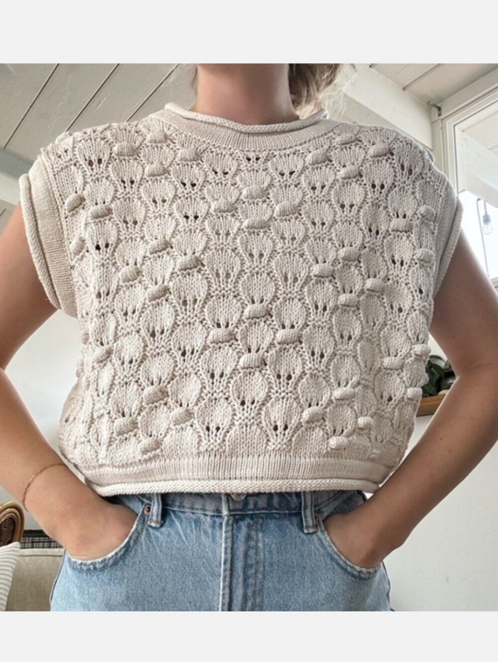 Zara Cream Cable & Bobble Knit Cropped Sweater Top Small Oversized